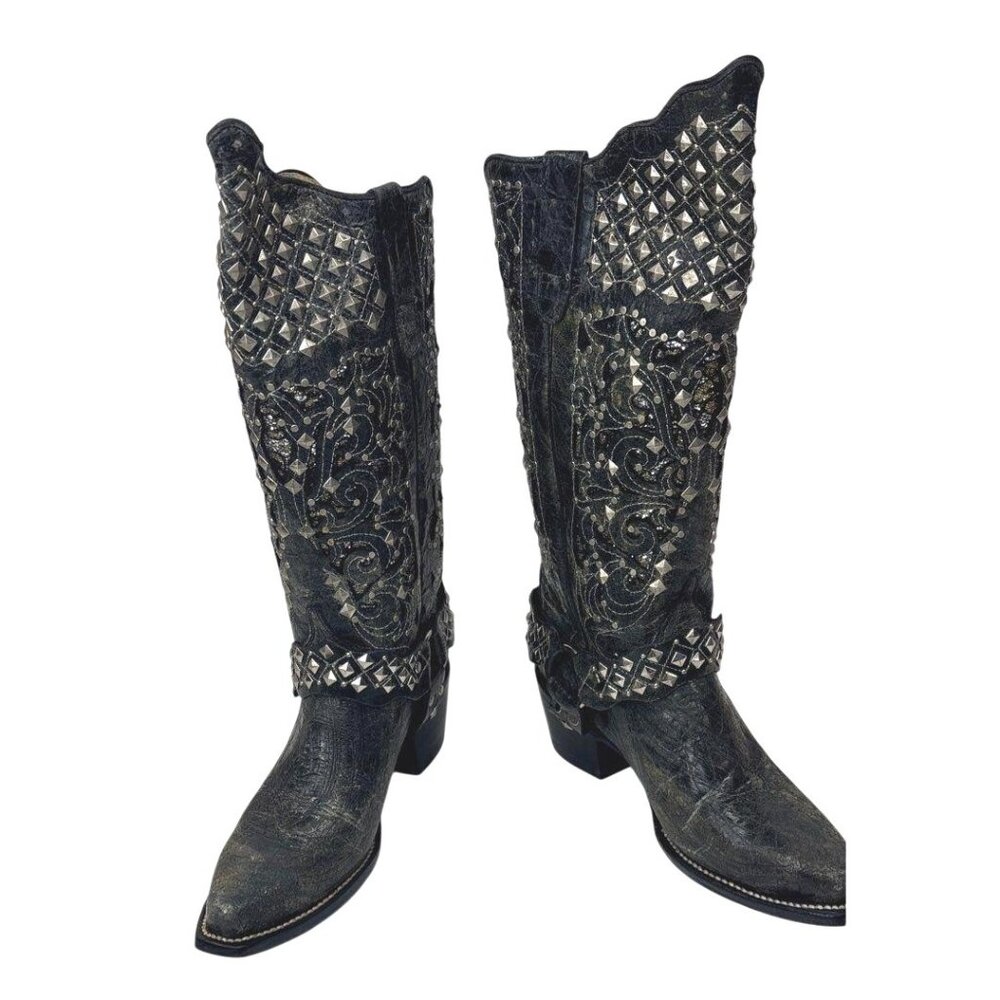 Vintage Ferrini Women's Size 6 Black Leather Studded Western‎ Boots